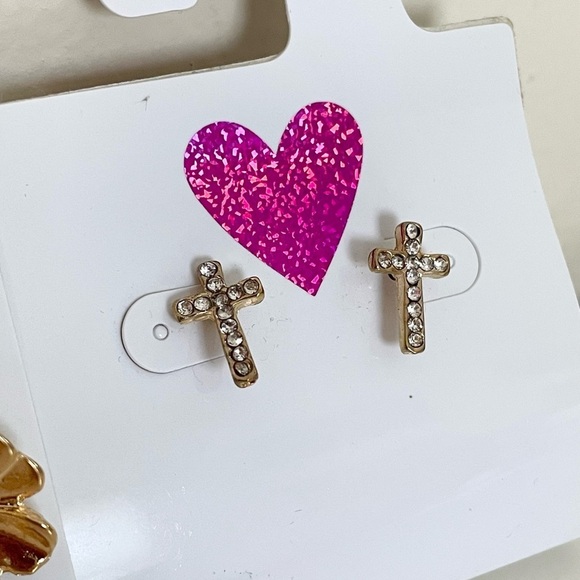 5-Piece Gold-Tone Heart & Cross Earrings and Large Hoops Earring Set - Picture 7 of 12
